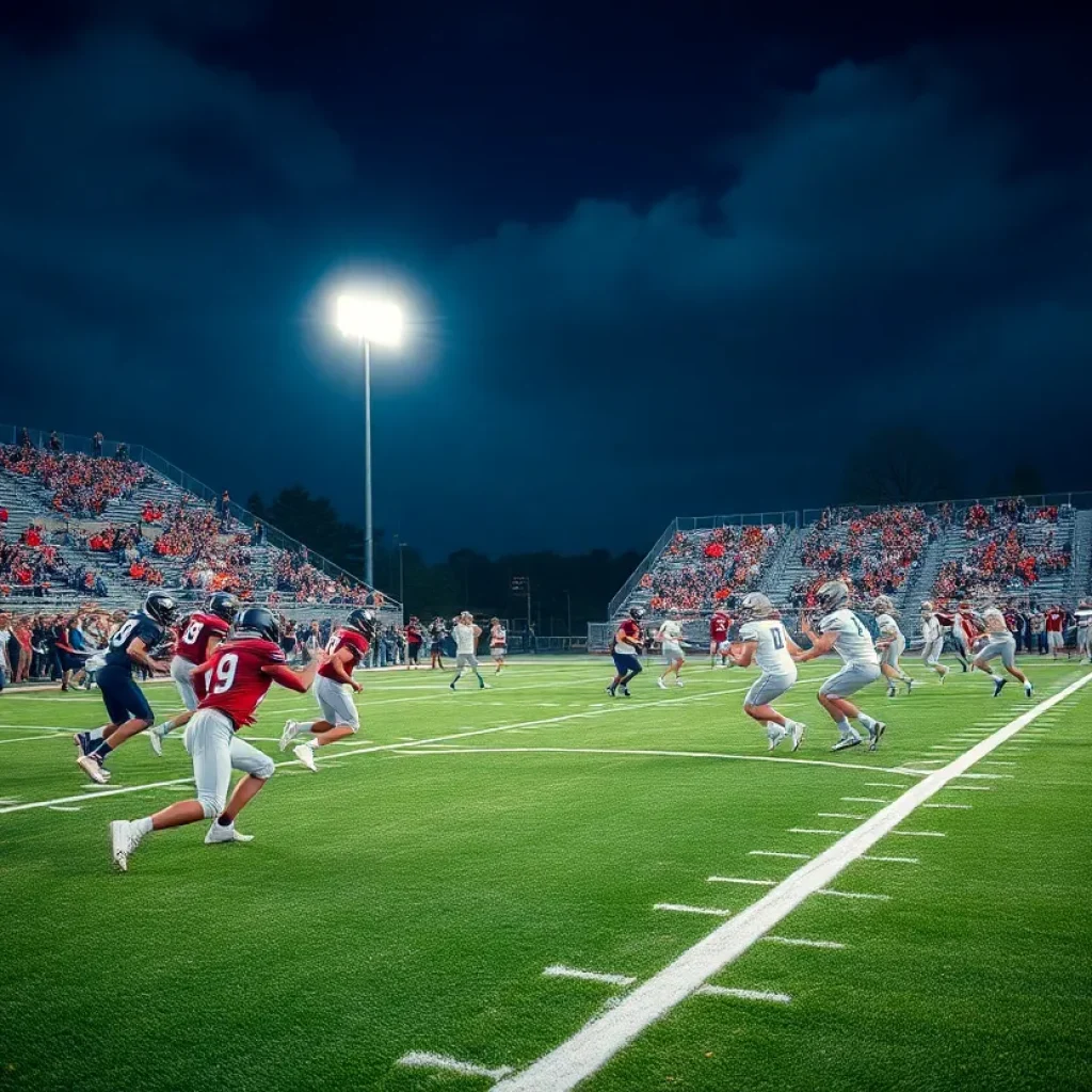 High school football teams playing under stadium lights
