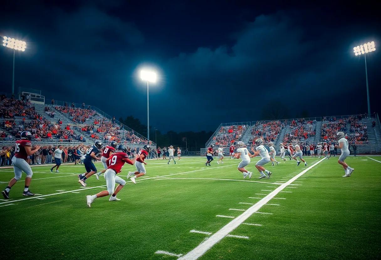 High school football teams playing under stadium lights