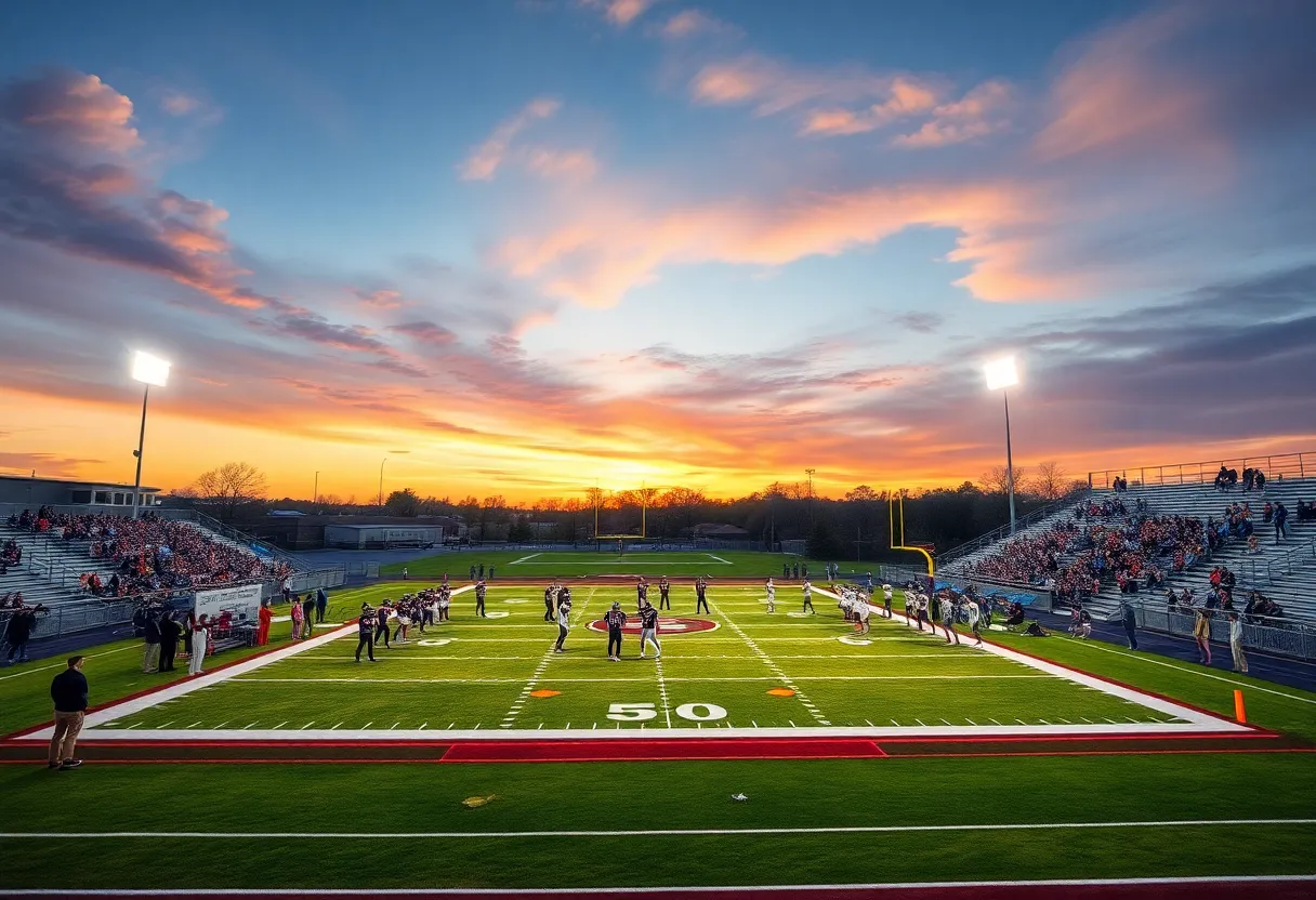 High school football players on the field during a night game