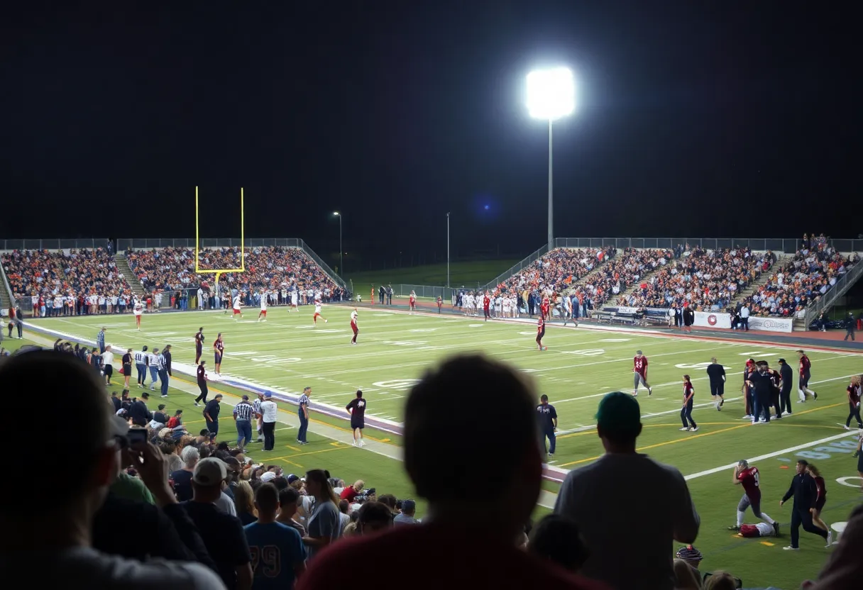 High school football teams play under stadium lights with cheering crowd.