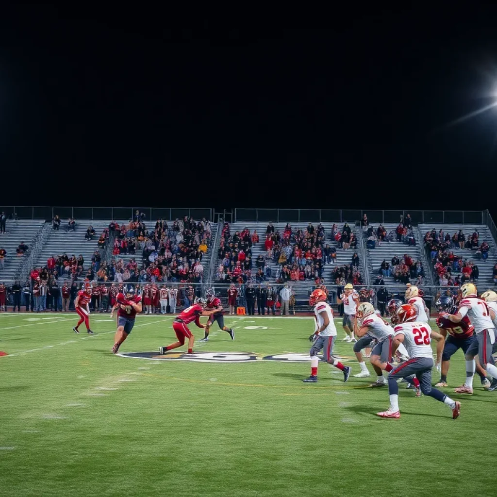 High school football players in action during a night game.