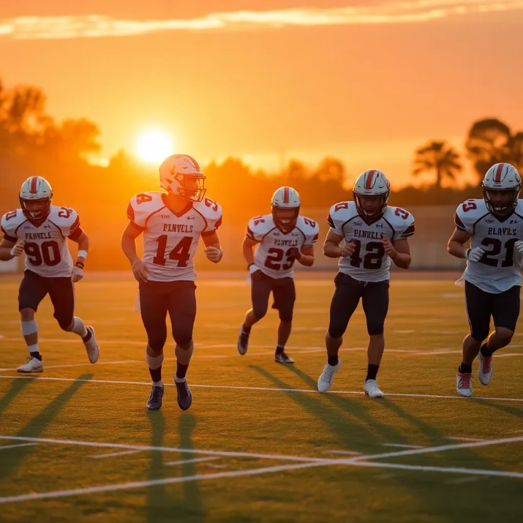 High school football team practicing on field at sunset