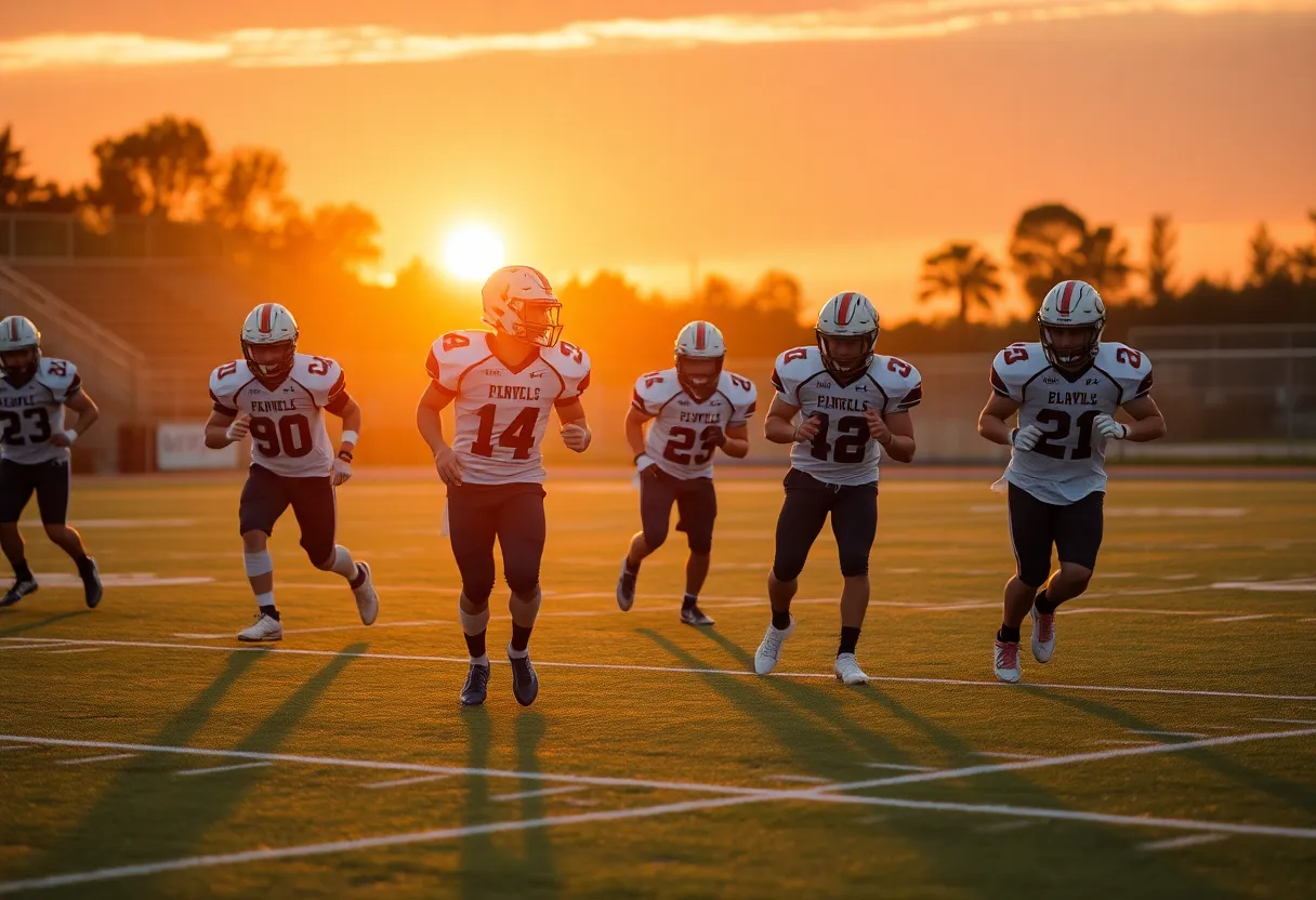 High school football team practicing on field at sunset
