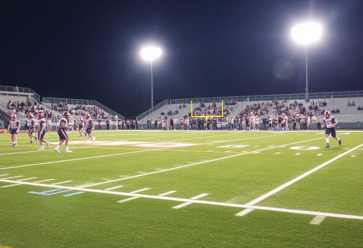 High school football players practicing under stadium lights
