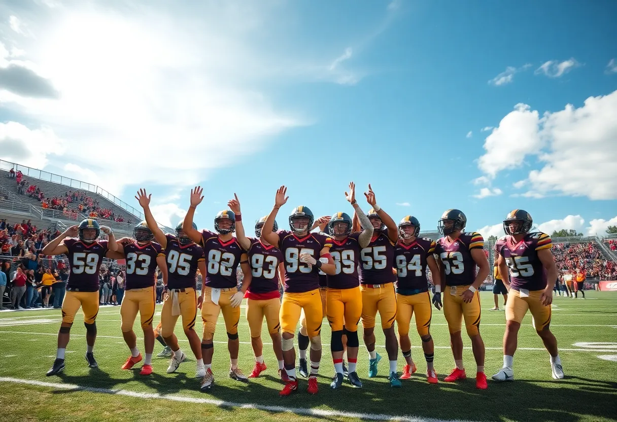 High school football players celebrating after a game