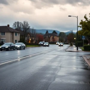 Rainy day in Irmo with wet streets and cloudy skies