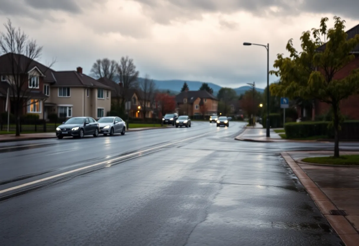 Rainy day in Irmo with wet streets and cloudy skies