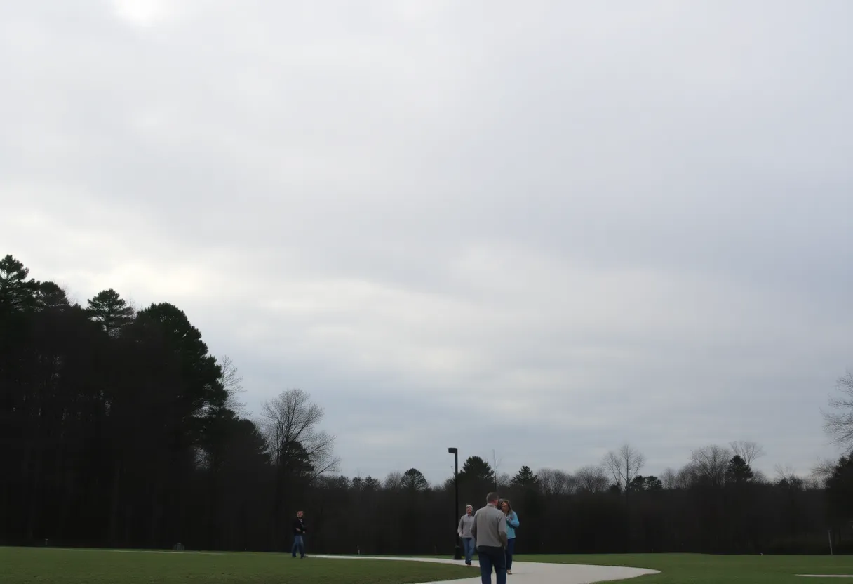 Overcast skies in Irmo SC with people walking outside