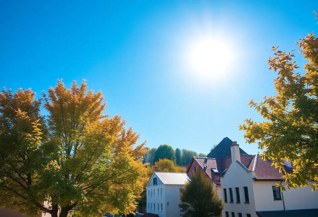 A sunny day in Irmo, SC with blue skies and autumn foliage.