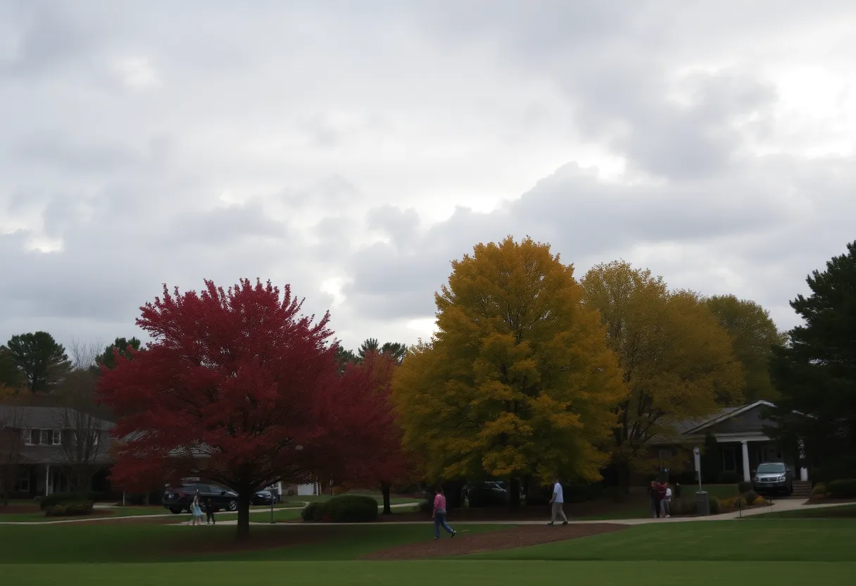 Scenic fall day in Irmo, SC, with cloudy skies and colorful trees.