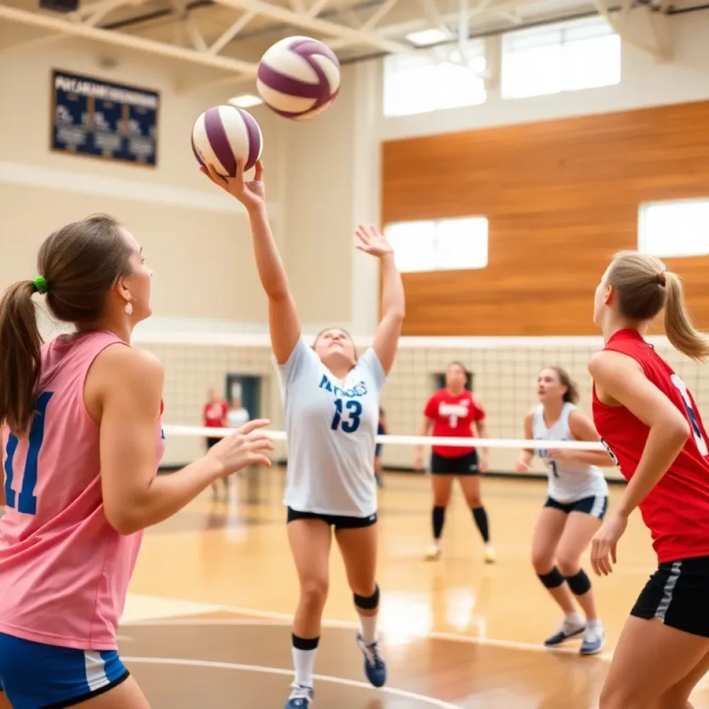 Players from Irmo and Dutch Fork competing in a volleyball match