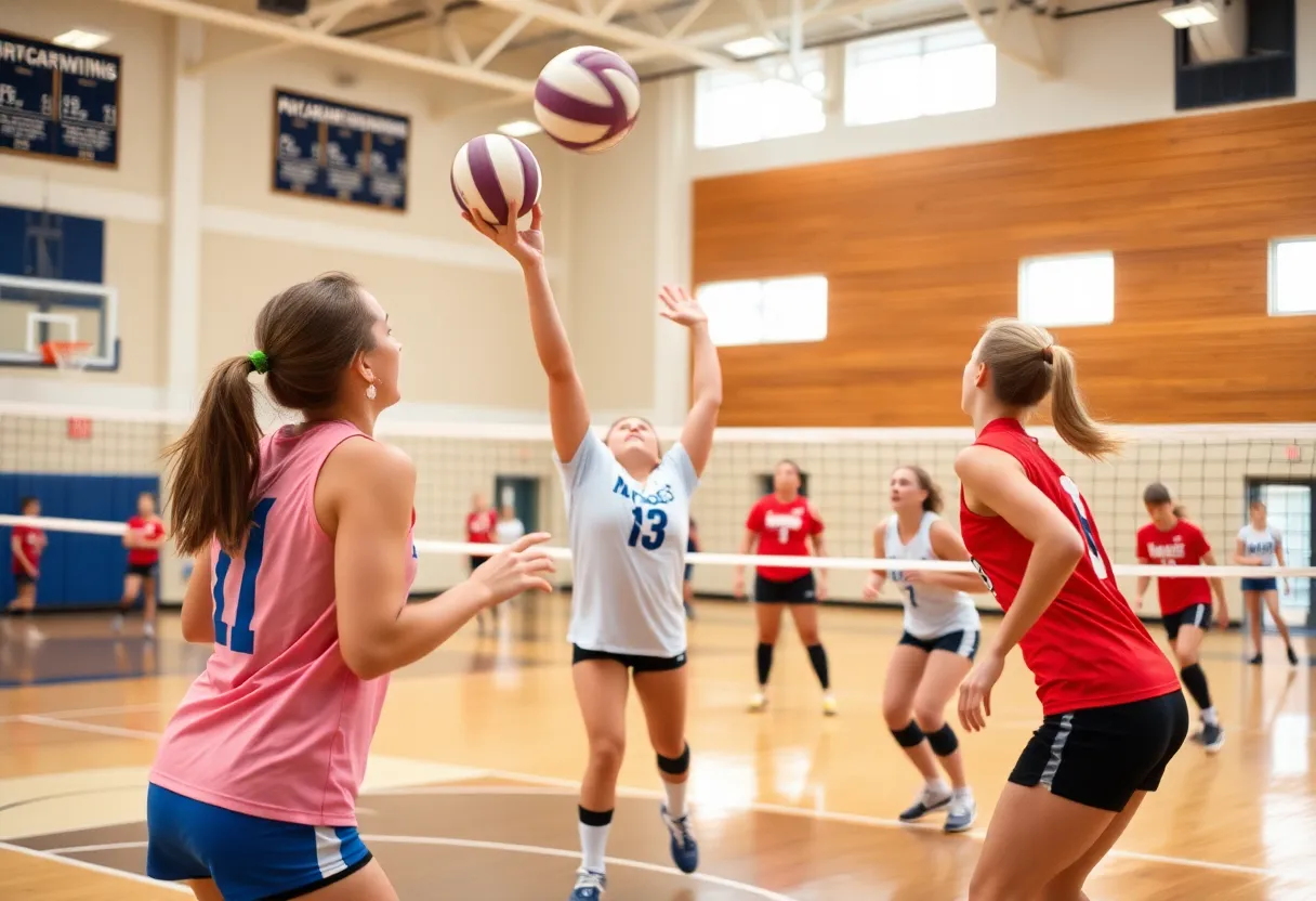 Players from Irmo and Dutch Fork competing in a volleyball match