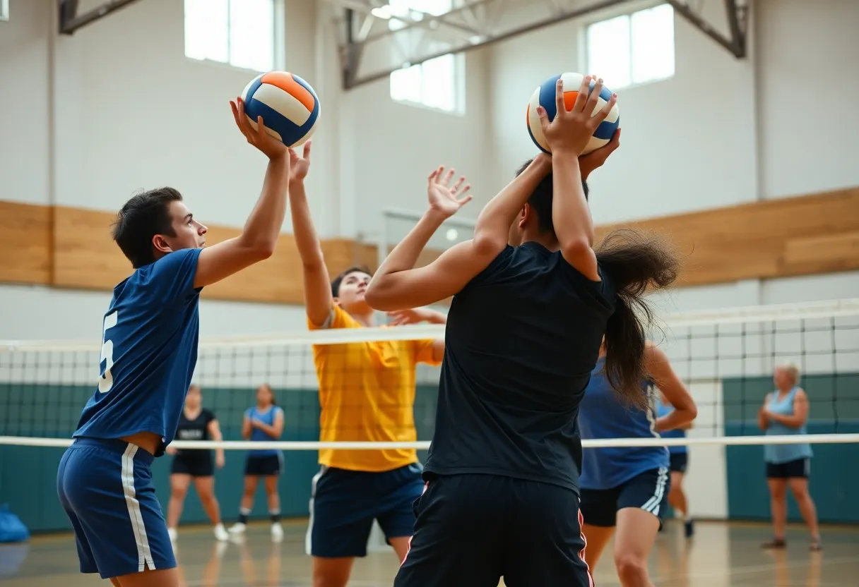 Action shot of a volleyball match featuring players from Irmo Yellow Jackets and Dutch Fork Silver Foxes.