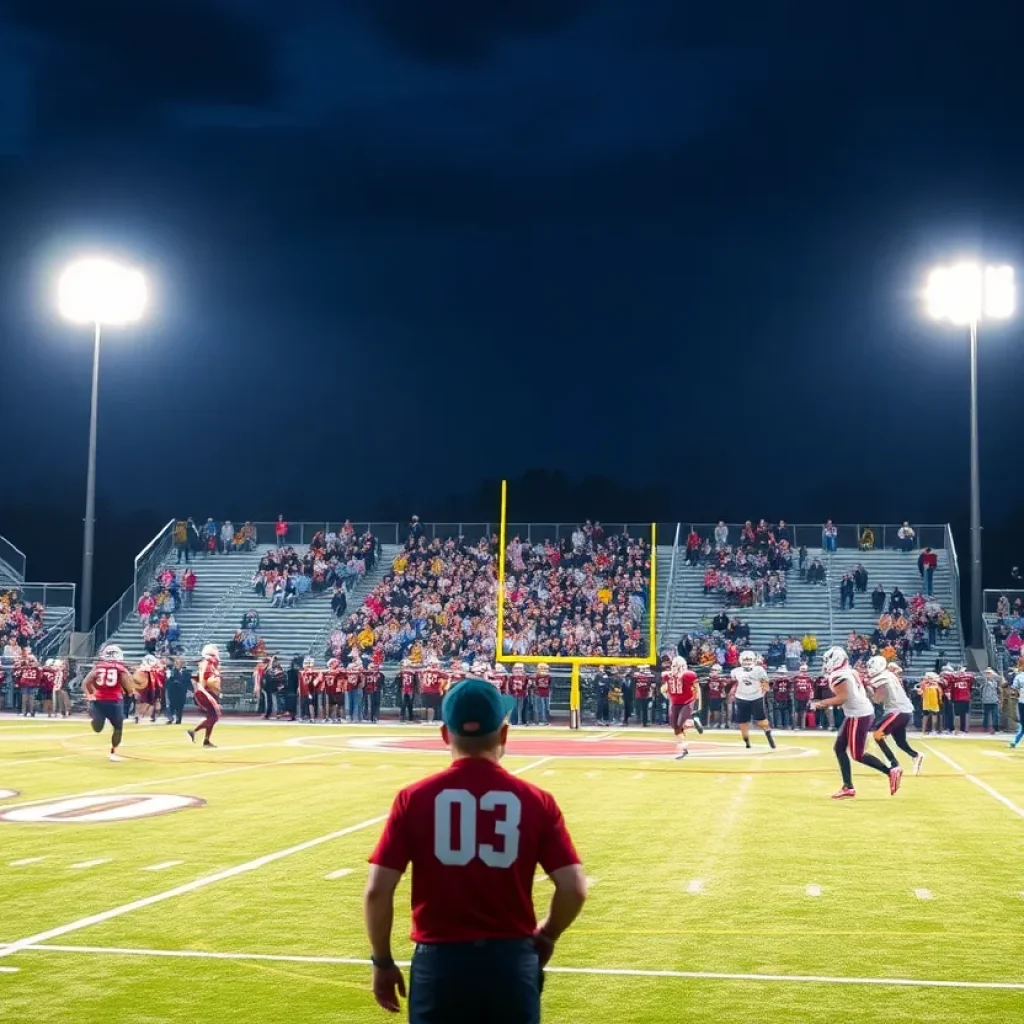 A high school football game in progress with players and spectators.
