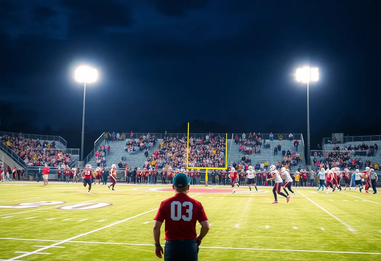 A high school football game in progress with players and spectators.