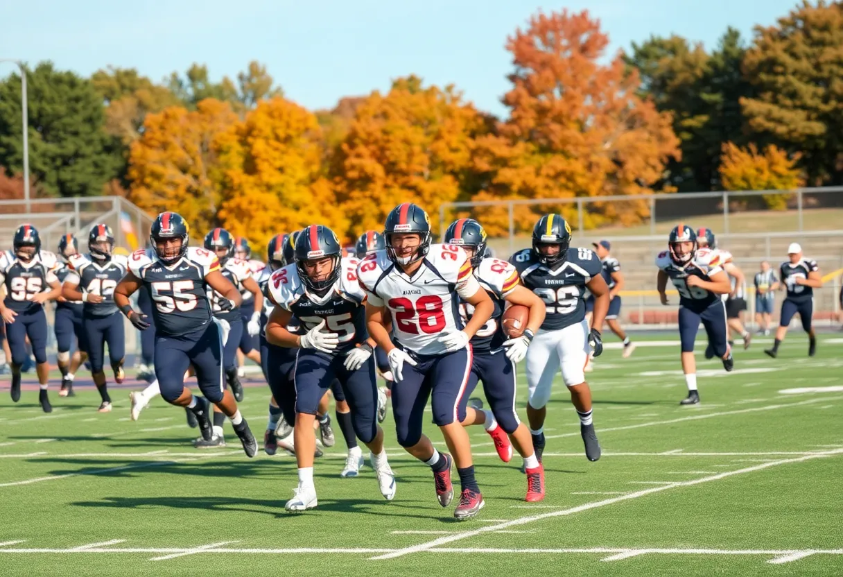 High school football players on the field during a match.