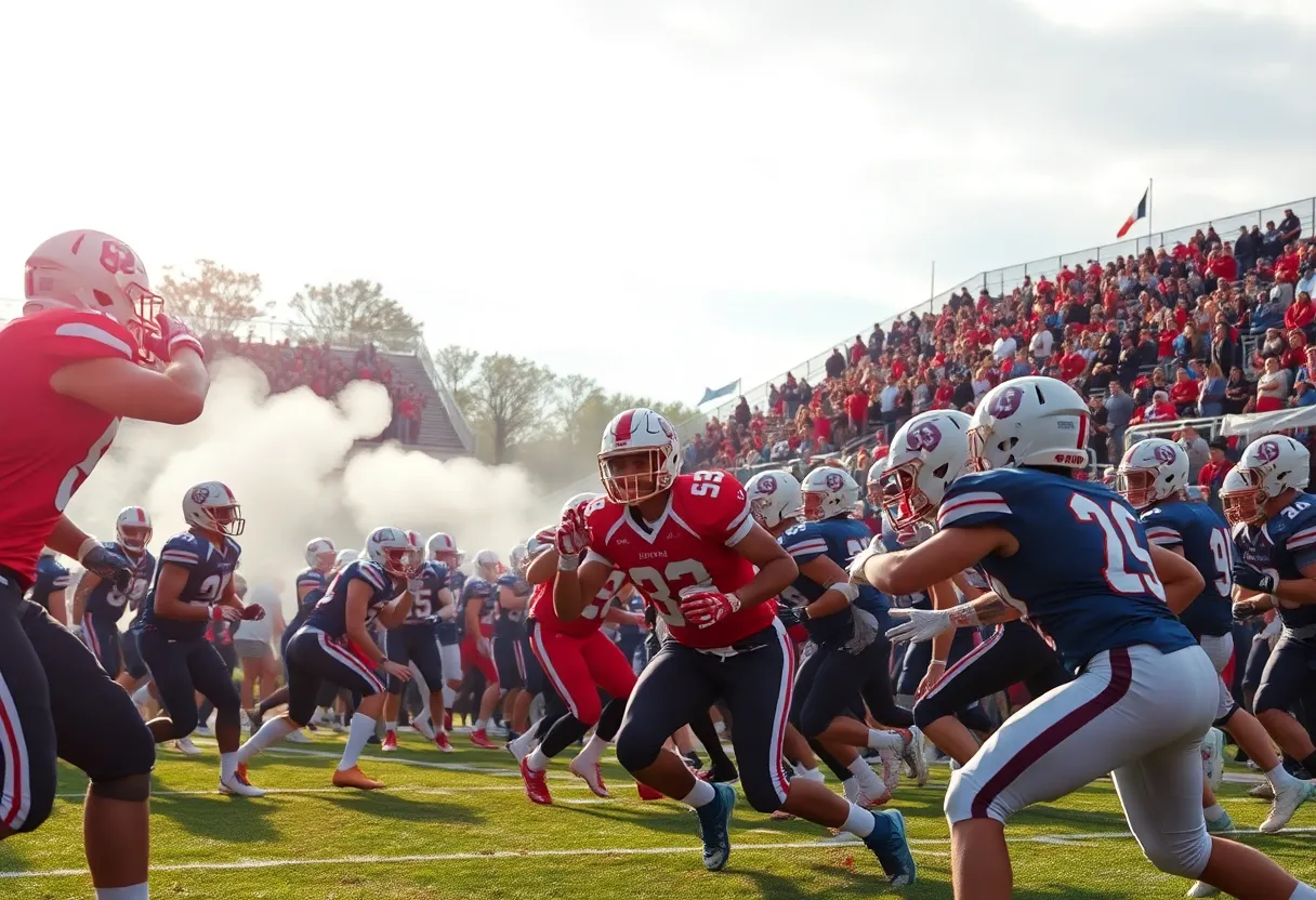 High school football players during an energetic game