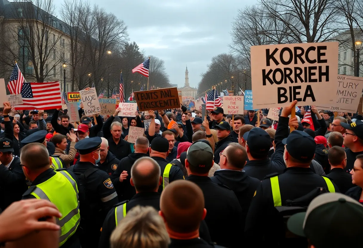 Crowd at a political rally with contrasting signs