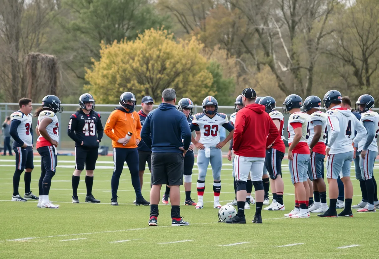 South Carolina football team discussing strategy on the field