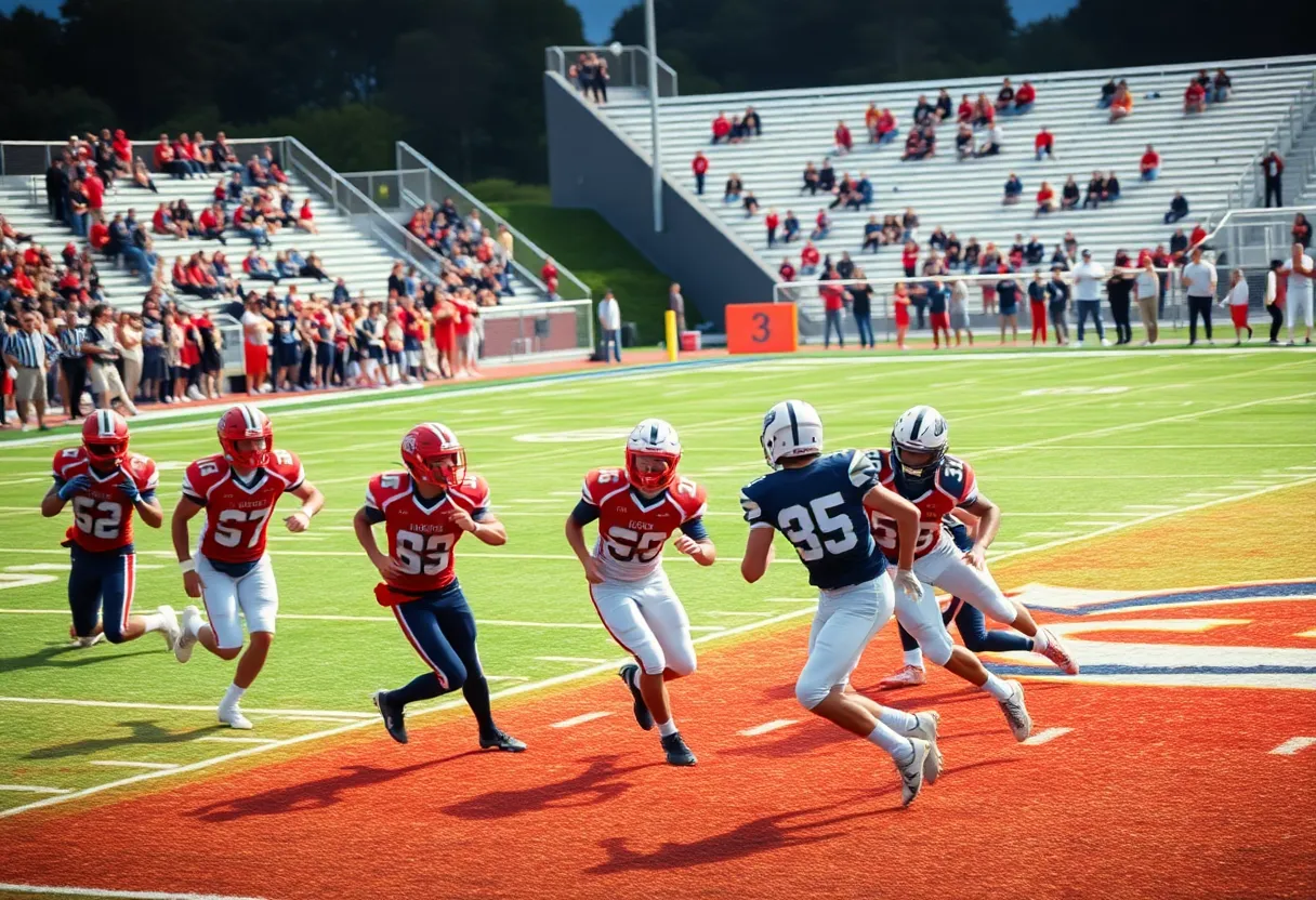 High school football players in action during a game in South Carolina