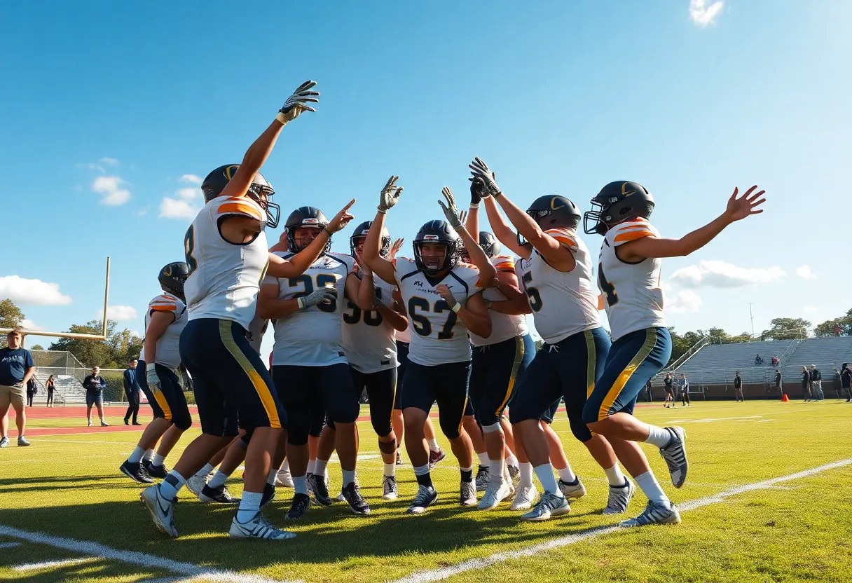 High school football team celebrating on the field