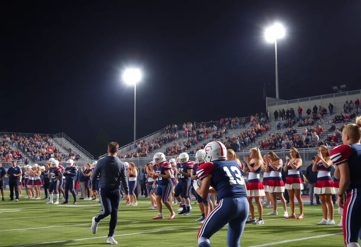 High school football game with players on the field and spectators in the stands