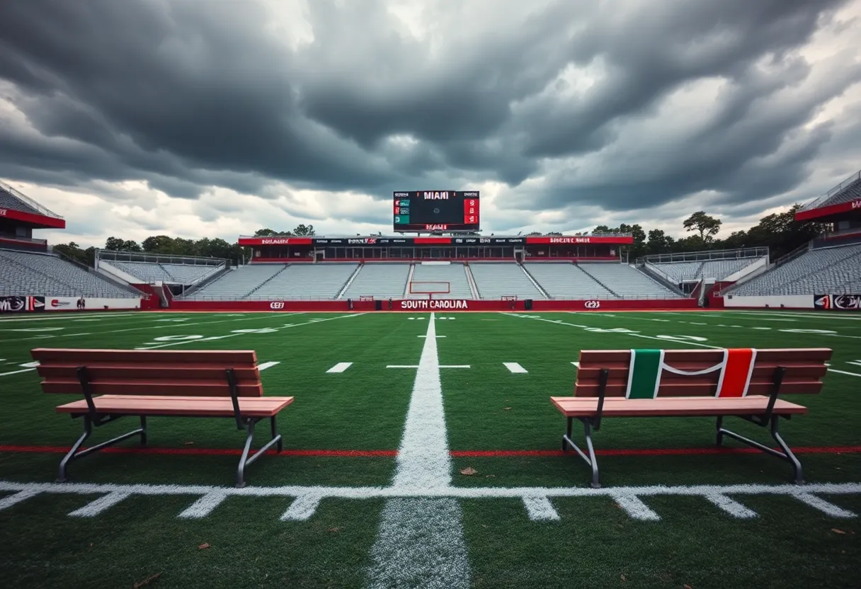 Empty football field representing canceled game between South Carolina and Miami