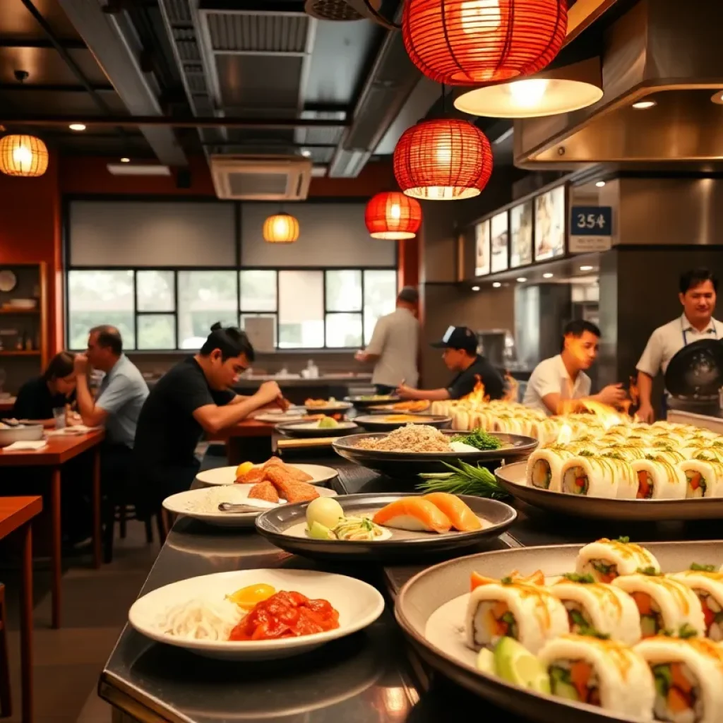 Interior of Sumo Sushi & Hibachi restaurant with various sushi rolls on display.