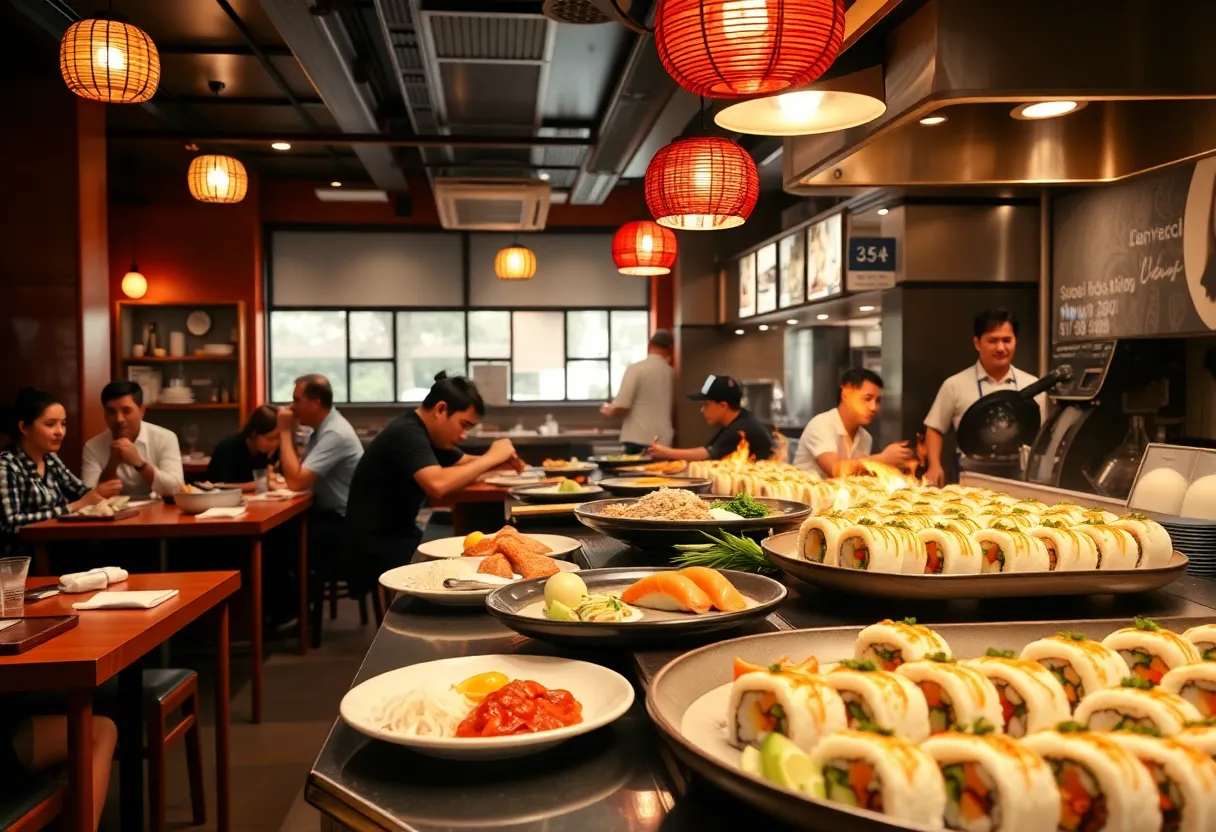 Interior of Sumo Sushi & Hibachi restaurant with various sushi rolls on display.