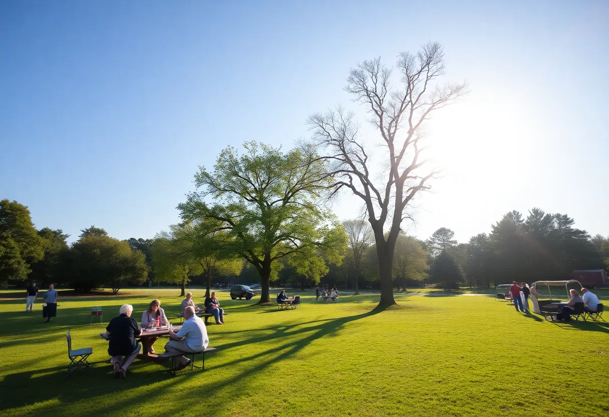 Clear blue skies over a park in Irmo, SC with people enjoying outdoor activities.