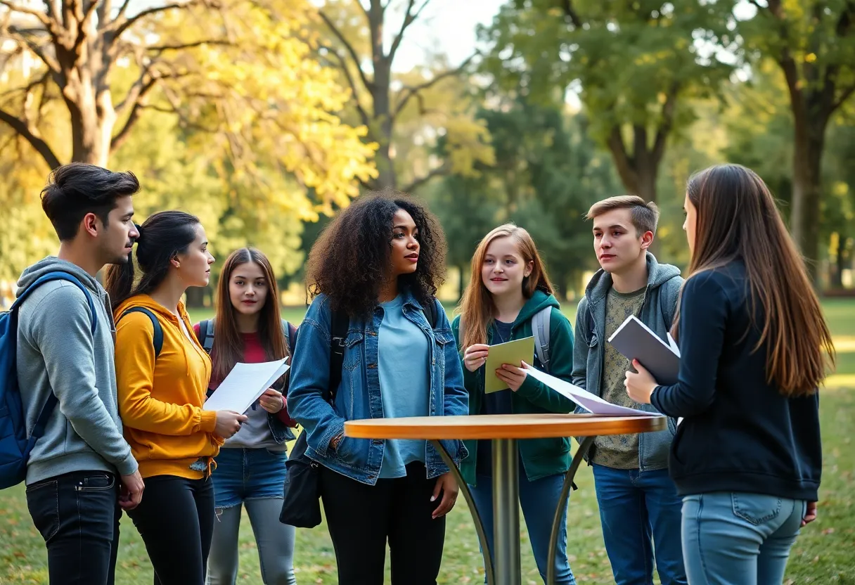 Teenagers engaging in a debate at a park, highlighting youth involvement in politics.