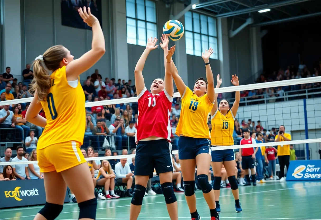 UGA volleyball players celebrating their victory against South Carolina