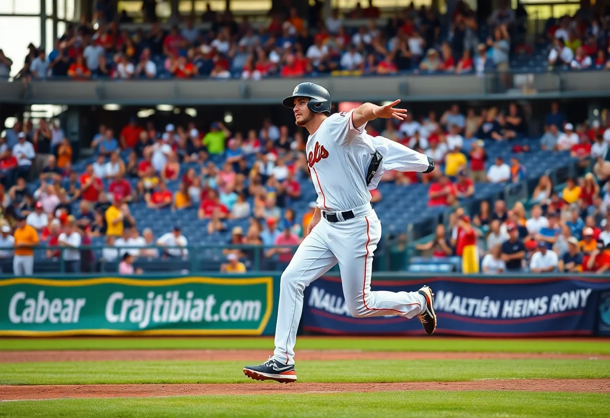 An outfielder in a baseball game showing athletic moves