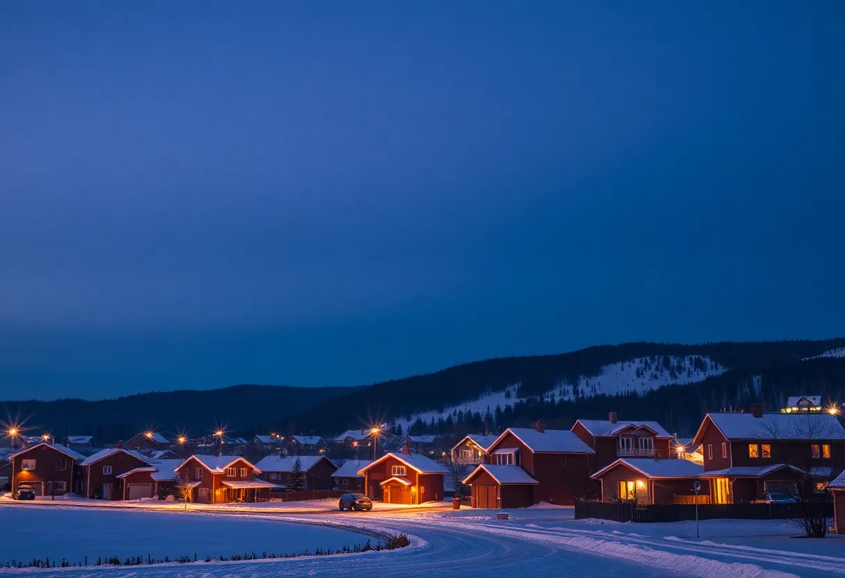 Winter night view of Irmo, SC with cozy homes