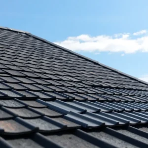 A variety of clean roofing materials against a clear blue sky.