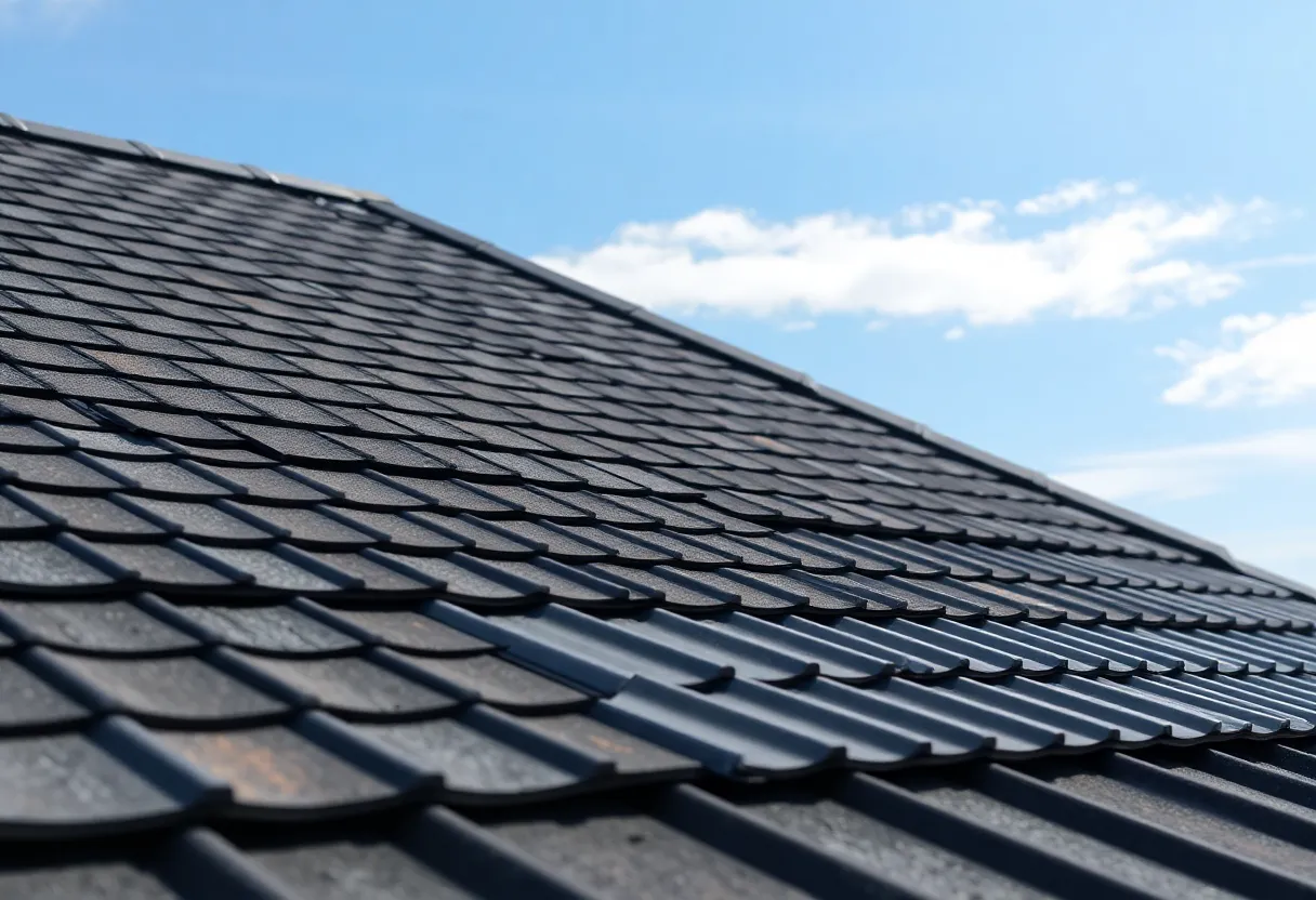 A variety of clean roofing materials against a clear blue sky.