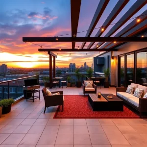 A beautifully designed DIY roof deck with lush plants and cozy seating under a sunset sky.