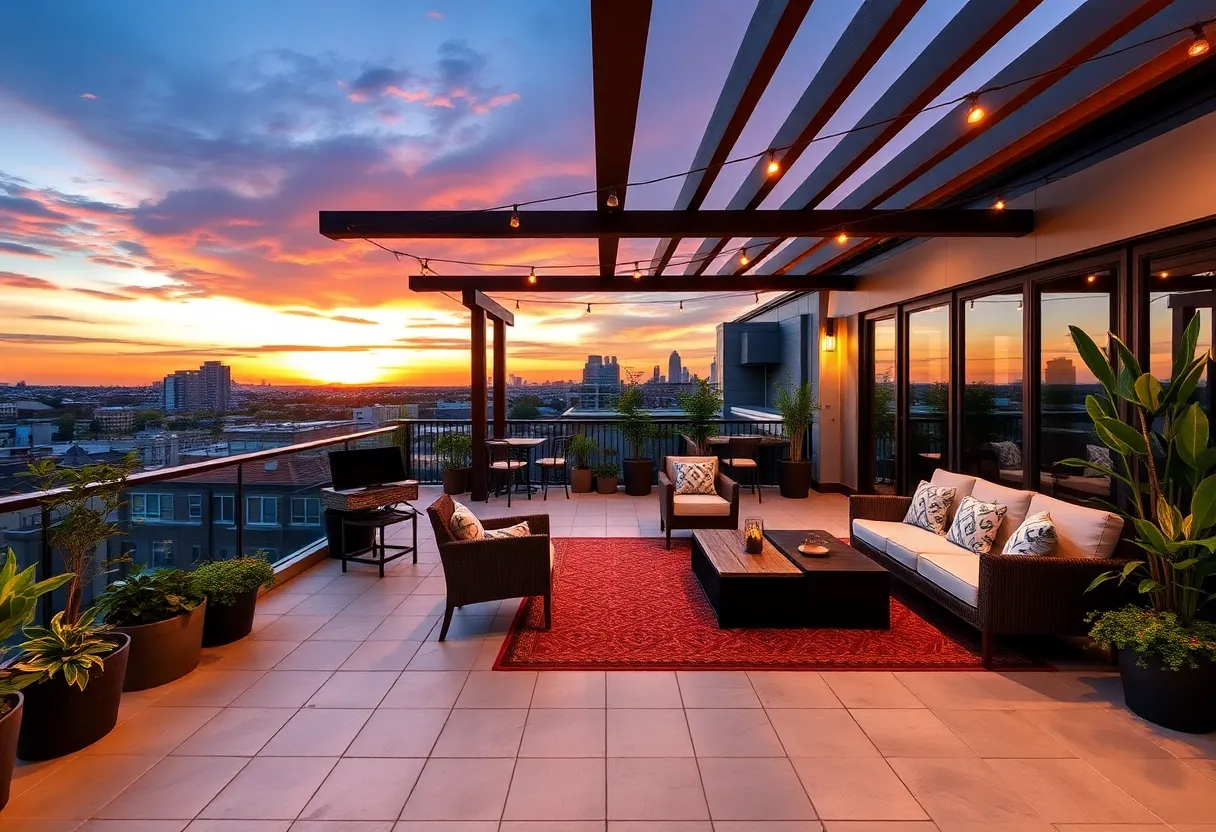 A beautifully designed DIY roof deck with lush plants and cozy seating under a sunset sky.