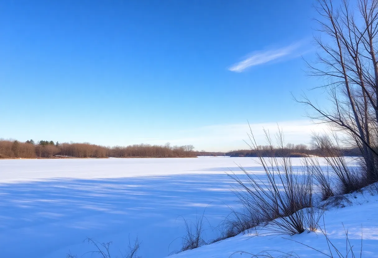 A scenic view of a frozen lake in cold weather