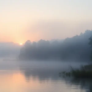 A beautiful lake in Irmo, SC, enveloped in morning fog