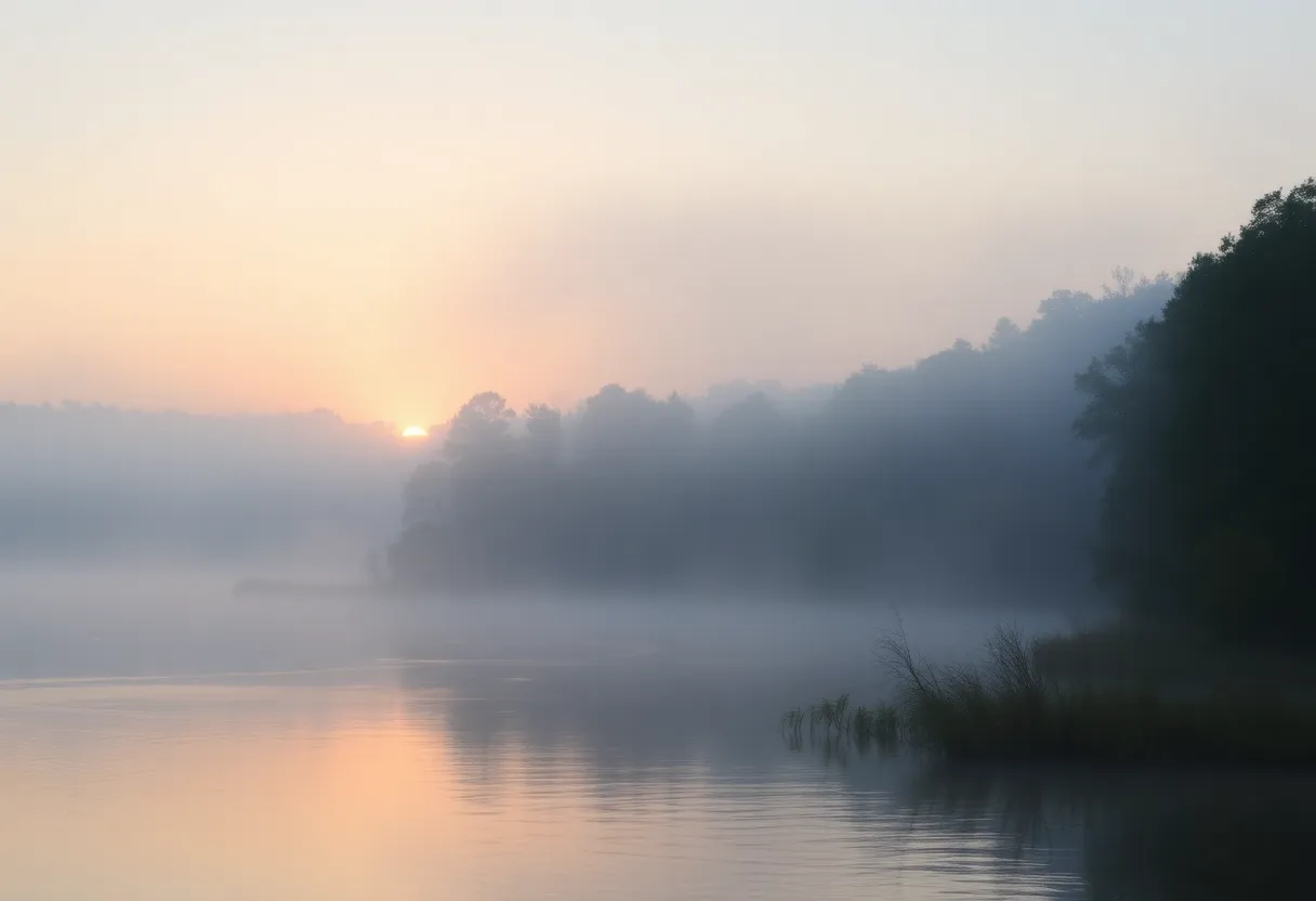 A beautiful lake in Irmo, SC, enveloped in morning fog