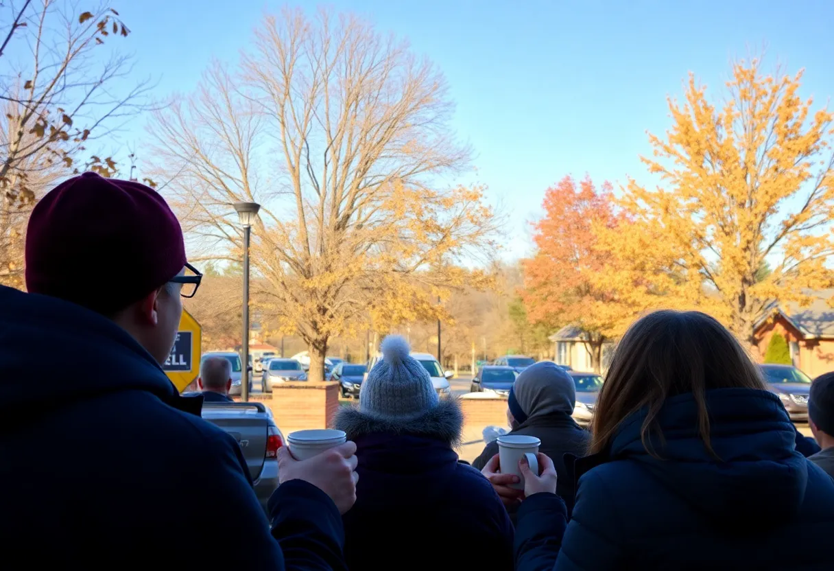 A chilly day in Irmo, SC with clear skies and residents in warm clothing.