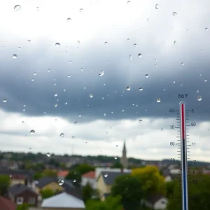 Cloudy weather in Irmo SC with raindrops and a city skyline