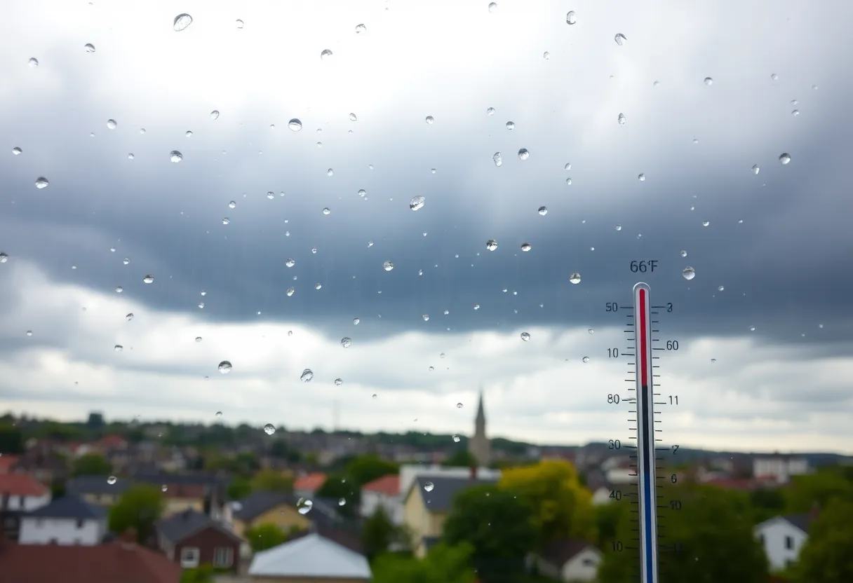 Cloudy weather in Irmo SC with raindrops and a city skyline