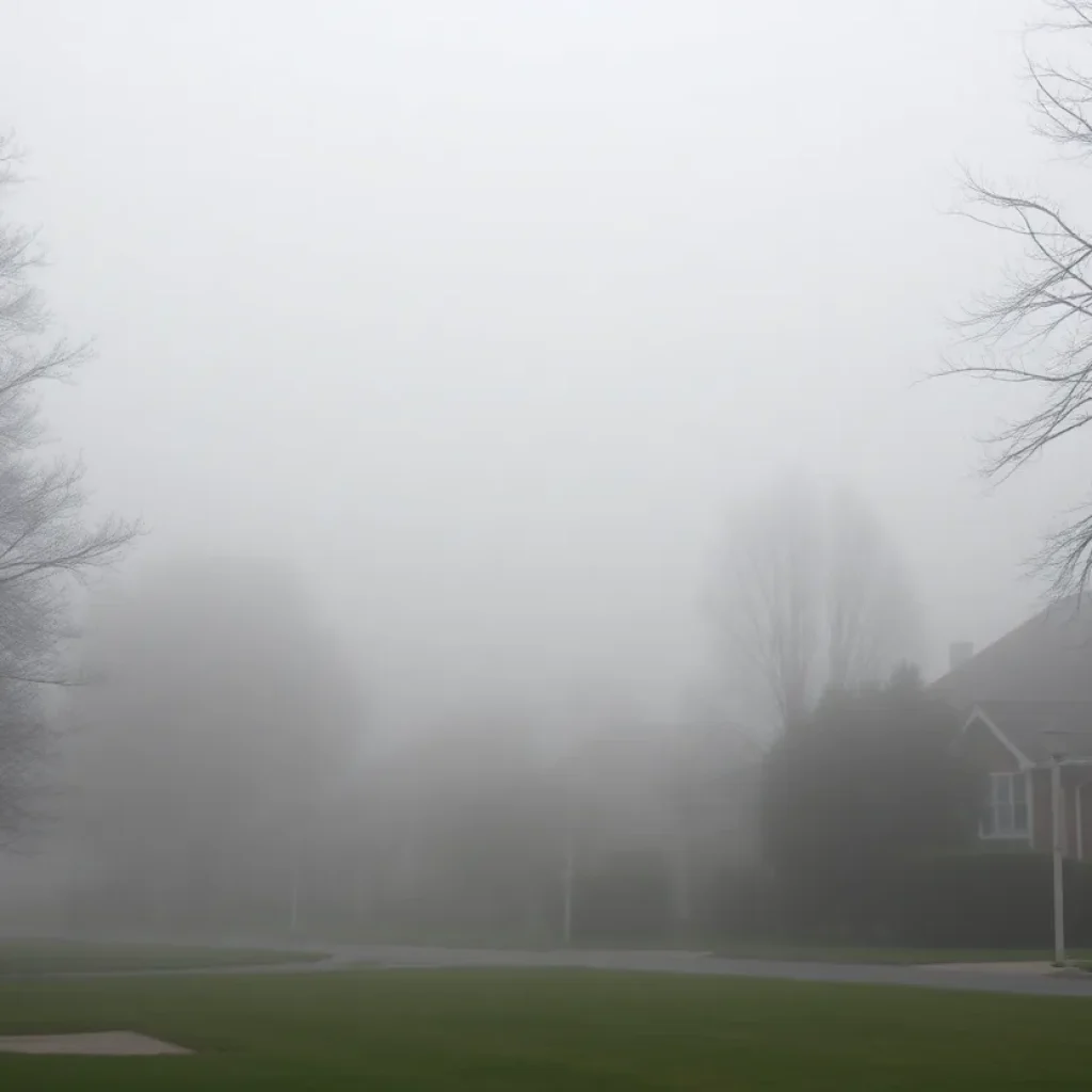 Dense fog covering houses and trees in Irmo, SC