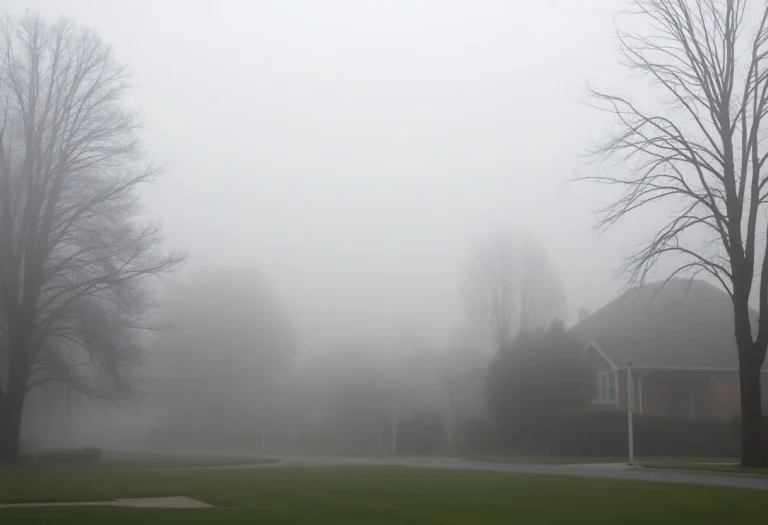 Dense fog covering houses and trees in Irmo, SC