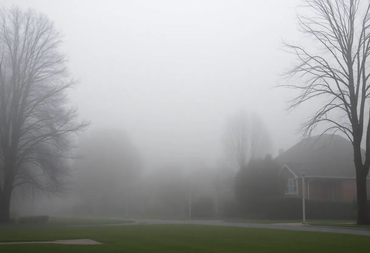 Dense fog covering houses and trees in Irmo, SC