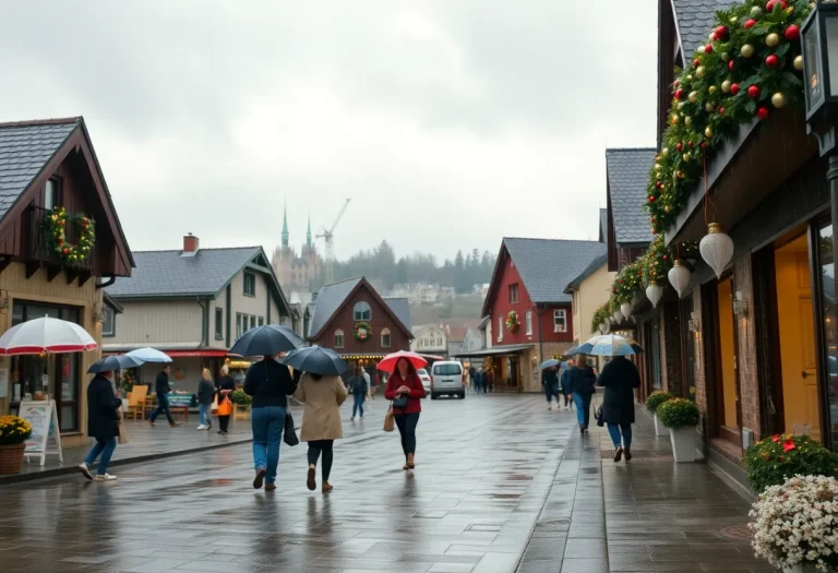 A rainy and cloudy day in Irmo, SC with holiday decorations