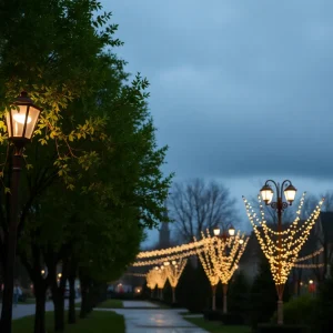 A rainy day at Irmo Town Park with festive decorations.