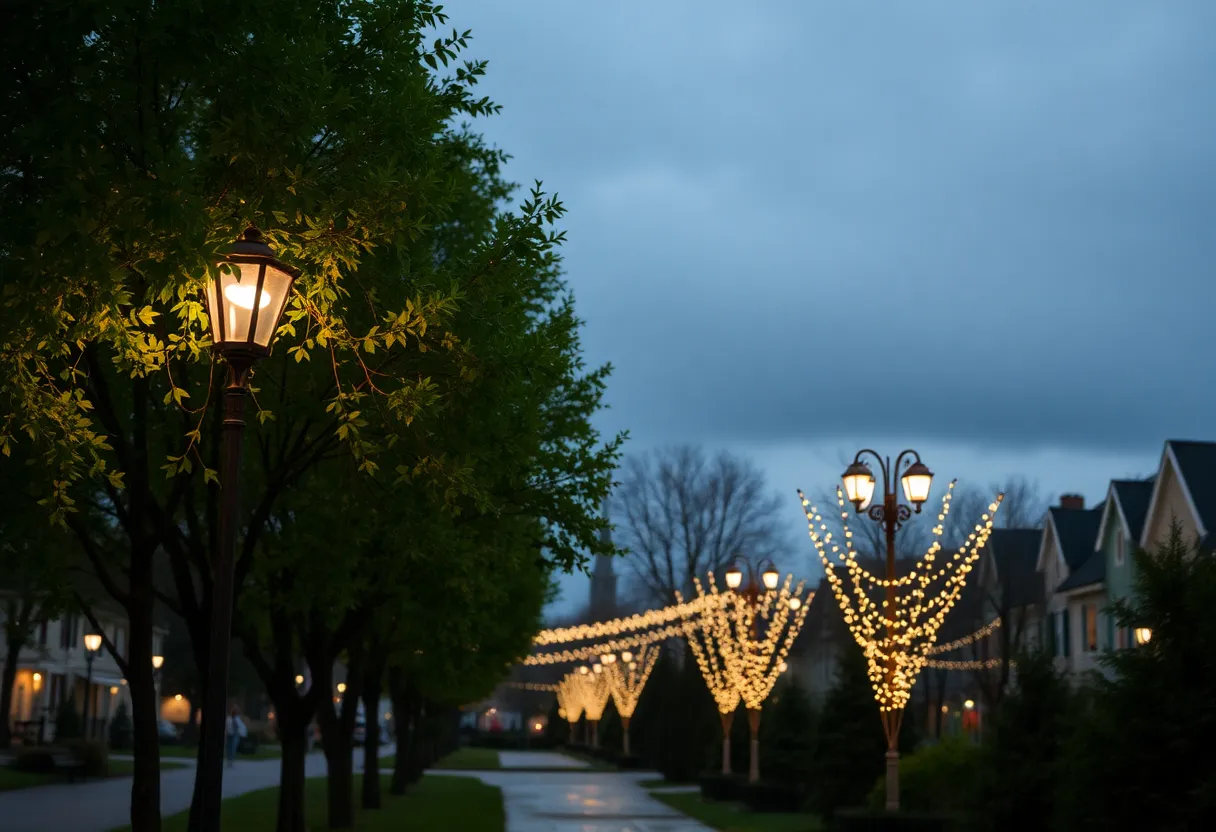 A rainy day at Irmo Town Park with festive decorations.